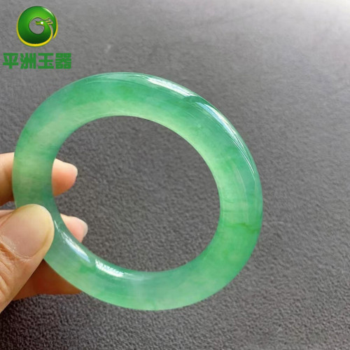 玉器珠寶翡翠手鐲天然圓條起膠感陽綠翡翠玉手鐲滿綠飄花女款
