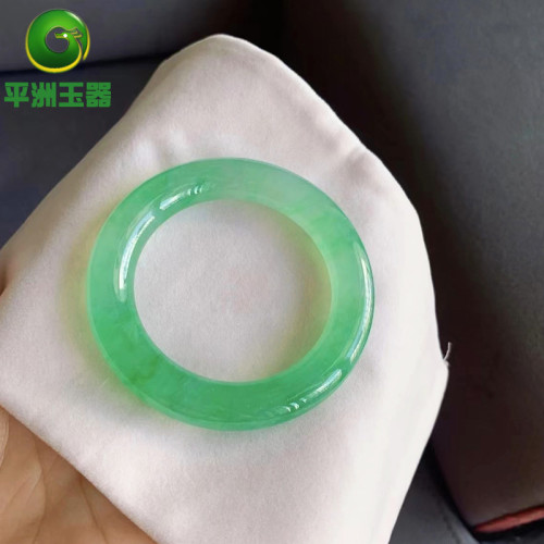 玉器珠寶翡翠手鐲天然圓條起膠感陽綠翡翠玉手鐲滿綠飄花女款