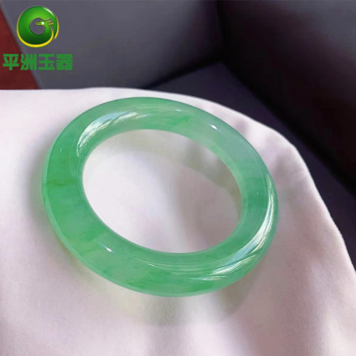 玉器珠寶翡翠手鐲天然圓條起膠感陽綠翡翠玉手鐲滿綠飄花女款