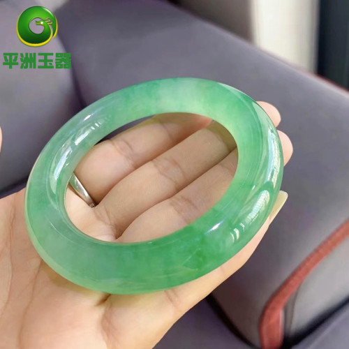 玉器珠寶翡翠手鐲天然圓條起膠感陽綠翡翠玉手鐲滿綠飄花女款
