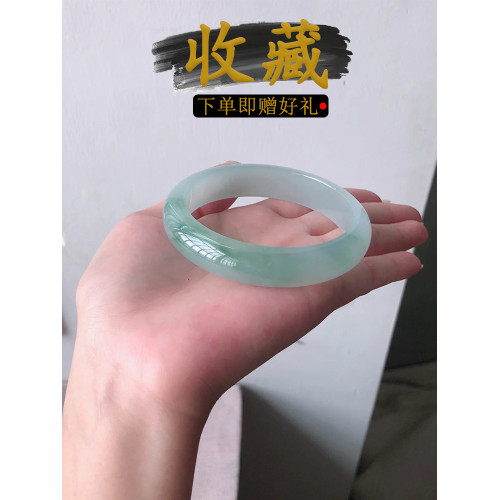 左玉高級緬甸冰種飄花陽綠翡翠手鐲白底青貴妃鐲圓條玉手鐲女