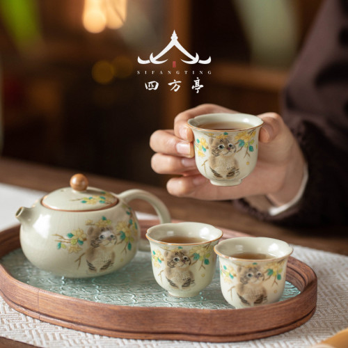 汝窰手抓壺功夫茶具套裝一人茶壺喝茶女士高顔值泡茶壺蓋碗茶杯