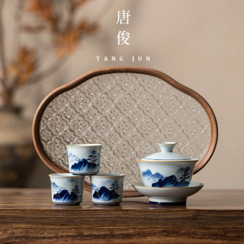 一壺二杯茶具套裝手繪釉下彩小型茶盤小套家用泡茶壺新款簡約乾泡