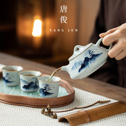 一壺二杯茶具套裝手繪釉下彩小型茶盤小套家用泡茶壺新款簡約乾泡