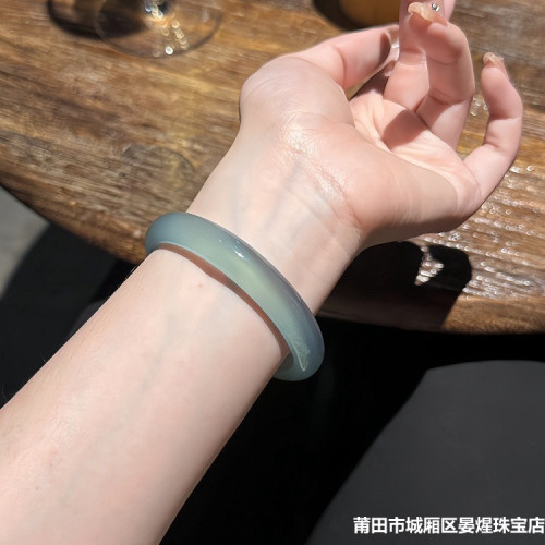 天然巴西冰種玉髓鐲子庫里藍瑪瑙手鐲女庫里藍扁條少女款玉髓手鐲