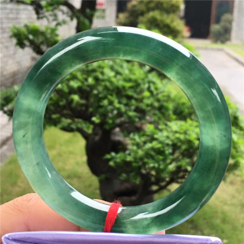緬甸老坑天然翡翠手鐲女高冰玻璃種滿陽綠色飄花圓條玉手鐲子