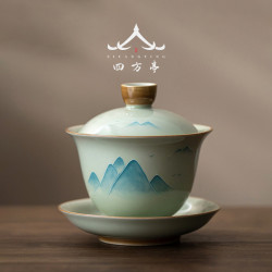 手繪釉下彩三才蓋碗單個高檔泡茶碗三件套景德鎮2024新款茶杯茶具