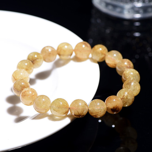 久雅水晶 天然維納斯金髮晶圓珠手鏈 細髮絲黃髮晶時尚手串 