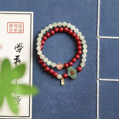 高含量紅硃砂雙圈手鏈和田玉蓮花手串抖音