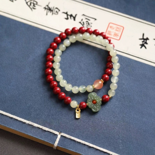 高含量紅硃砂雙圈手鏈和田玉蓮花手串抖音