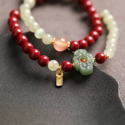 高含量紅硃砂雙圈手鏈和田玉蓮花手串抖音