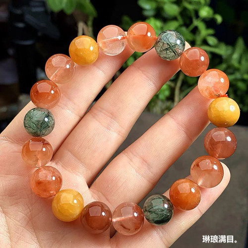 天然水晶福祿壽紅黃彩兔毛手鏈綠髮晶男女同款單圈手串裝飾品禮物