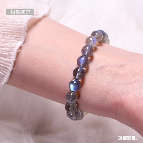 天然拉長石手鏈女灰月光石水晶強彩光藍光圓珠灰月光手鏈單圈
