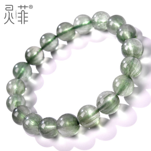 天然老料綠髮晶手鏈巴西順發綠鈦晶珠子散珠水晶單圈手串男女