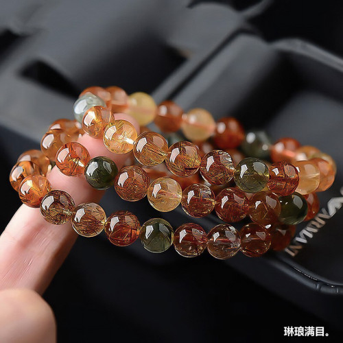 原礦天然彩髮晶手鏈男女款福祿壽單圈銅髮晶手串圓珠飾品
