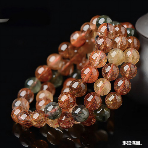 原礦天然彩髮晶手鏈男女款福祿壽單圈銅髮晶手串圓珠飾品