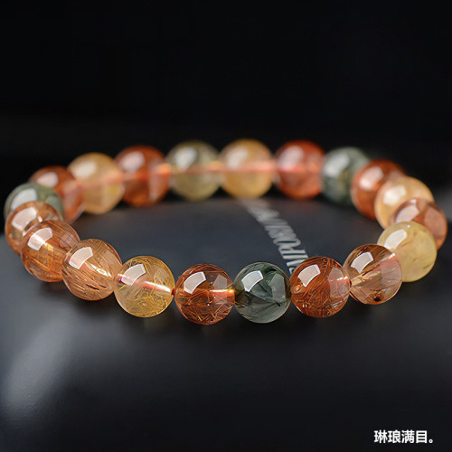 原礦天然彩髮晶手鏈男女款福祿壽單圈銅髮晶手串圓珠飾品