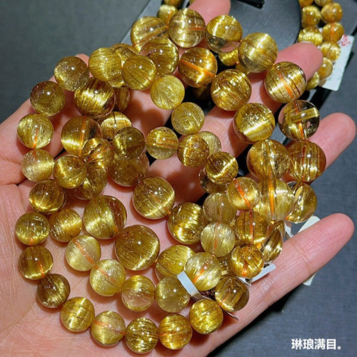 天然巴西金髮晶手鏈鈦晶順發貓眼石女黃水晶黃髮晶手串男禮物