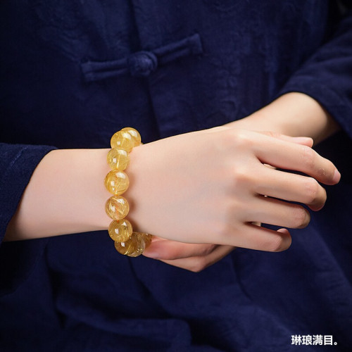 天然金髮晶手串男順發黃水晶散珠飾品黃髮晶金鈦晶水晶彿珠手鏈女