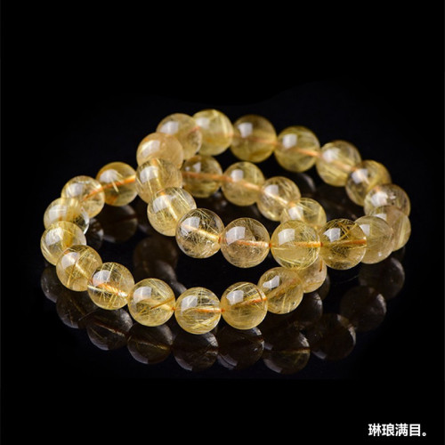 天然金髮晶手串男順發黃水晶散珠飾品黃髮晶金鈦晶水晶彿珠手鏈女