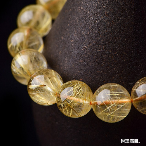 天然金髮晶手串男順發黃水晶散珠飾品黃髮晶金鈦晶水晶彿珠手鏈女