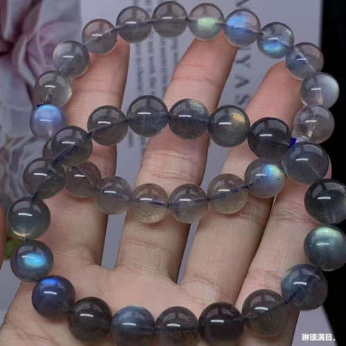 天然灰月光手串女款拉長石手鏈彩虹藍光水晶單圈圓珠飾品