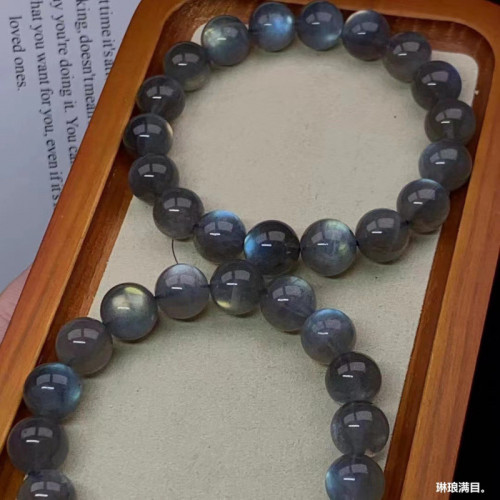天然灰月光手串女款拉長石手鏈彩虹藍光水晶單圈圓珠飾品