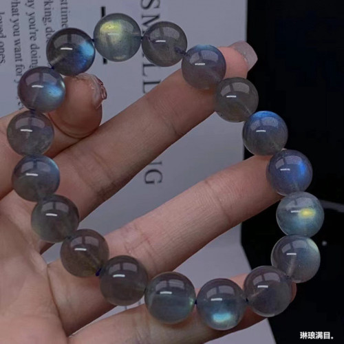 天然灰月光手串女款拉長石手鏈彩虹藍光水晶單圈圓珠飾品