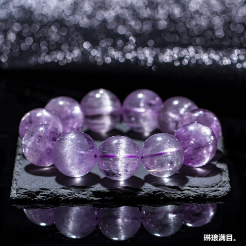 天然紫鋰煇手鏈冰種老礦料鋰煇石拉絲一線眼強光淨體貓眼手串飾品